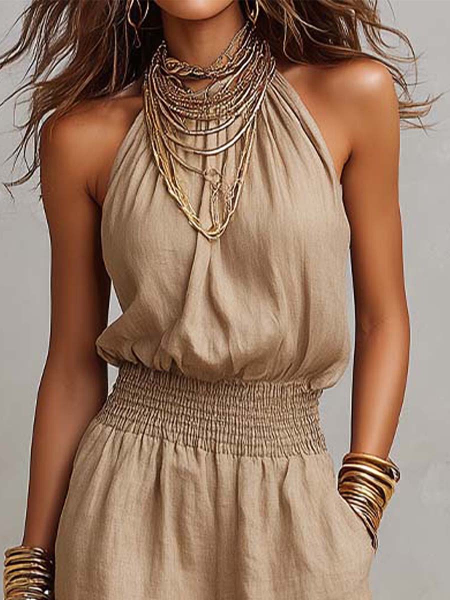Halter Neck Smocked Waist Wide Leg Jumpsuit