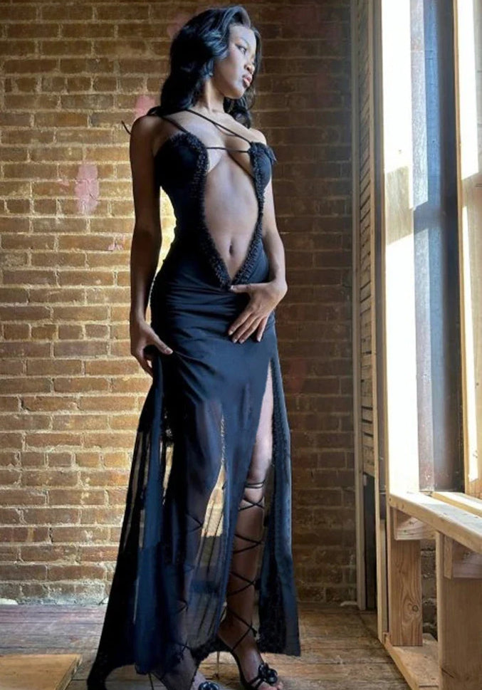 Hollow Out Printed Patchwork Lace-up Slip Dress