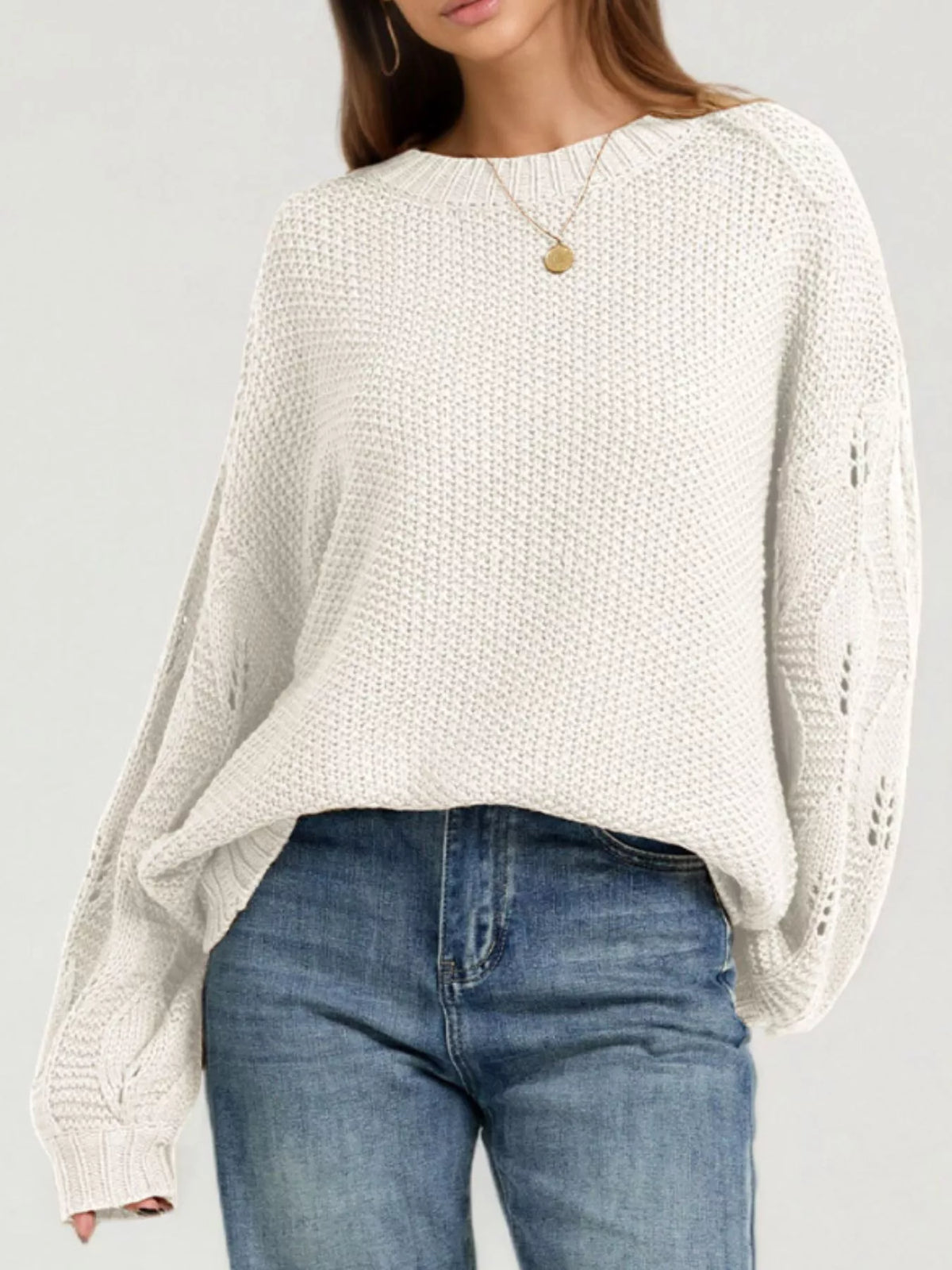 Oversized Textured Knit Openwork Lantern Sleeve Drop Shoulder Sweater 9