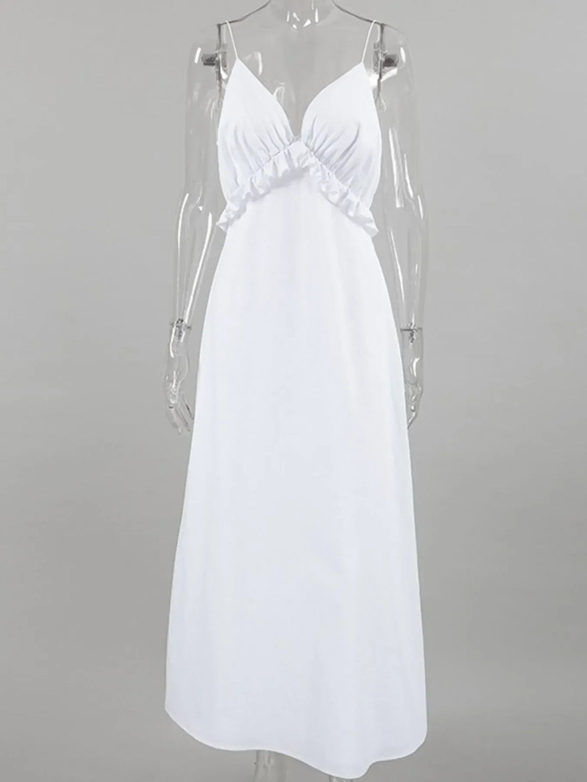 Deep V-Neck Spaghetti Strap Ruffle Trim A-Line Maxi Dress 7