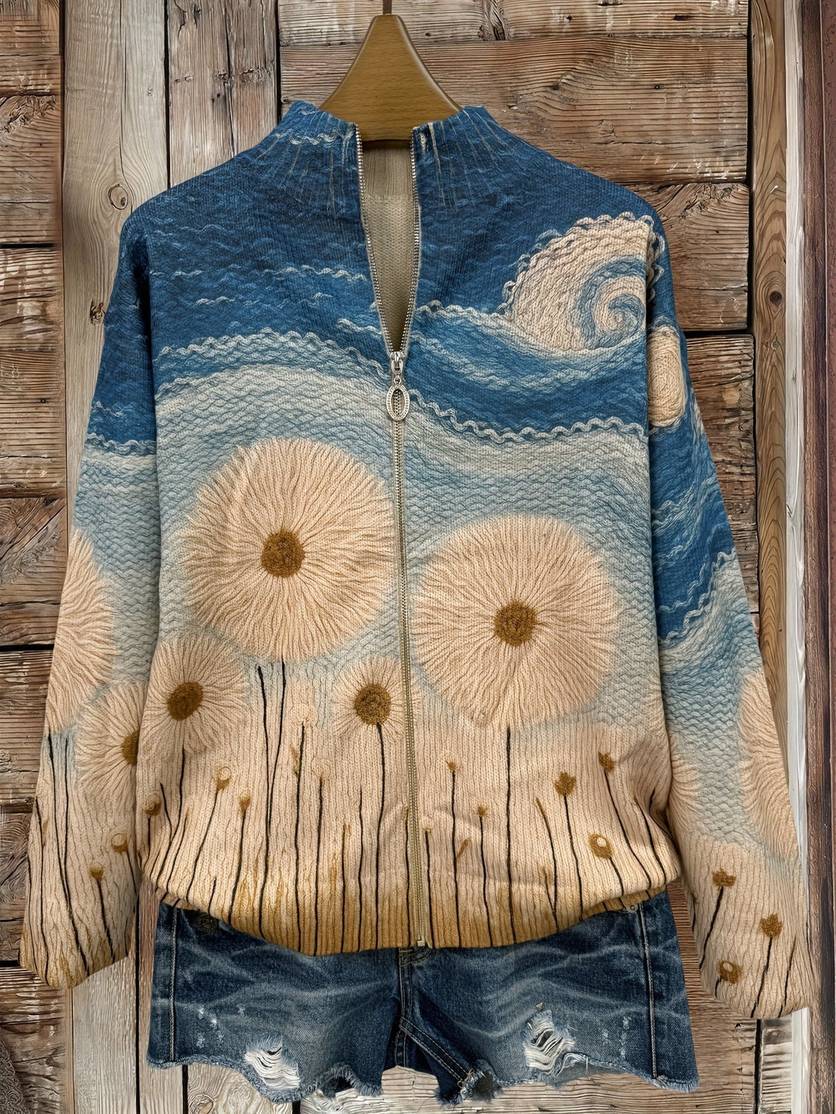 Sunflower Print Zip Front Mock Neck Knit Cardigan