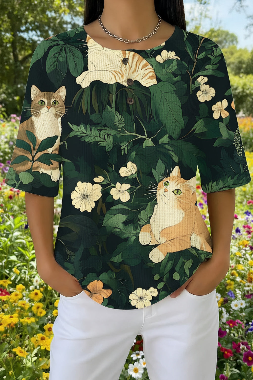 Womens Green Floral Beige Cat Print Casual Shirt