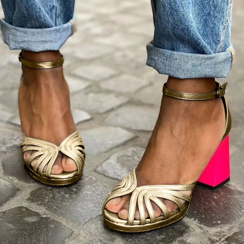 Strappy Open Toe Ankle Strap Block Heel Sandals
