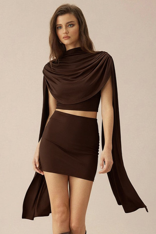 Cowl Neck Shawl Ruched Two Piece Set