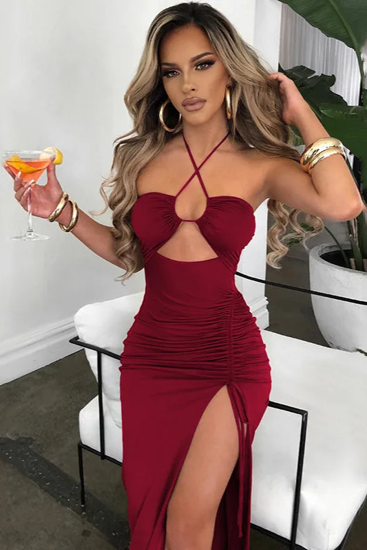 Alluring Halter Backless Cut Out Slit Maxi Dress