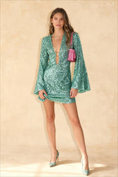 V-Neck Long Sleeve Mini Dress