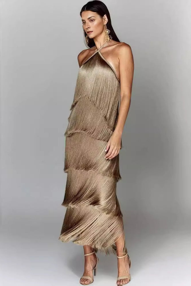 Chic Halter Fringe Backless Slit Cocktail Dress 2