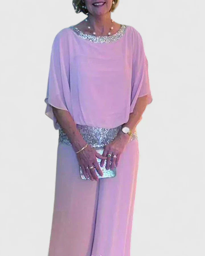 Sequin Trim Chiffon Overlay Top and Pants Two Piece Set 4
