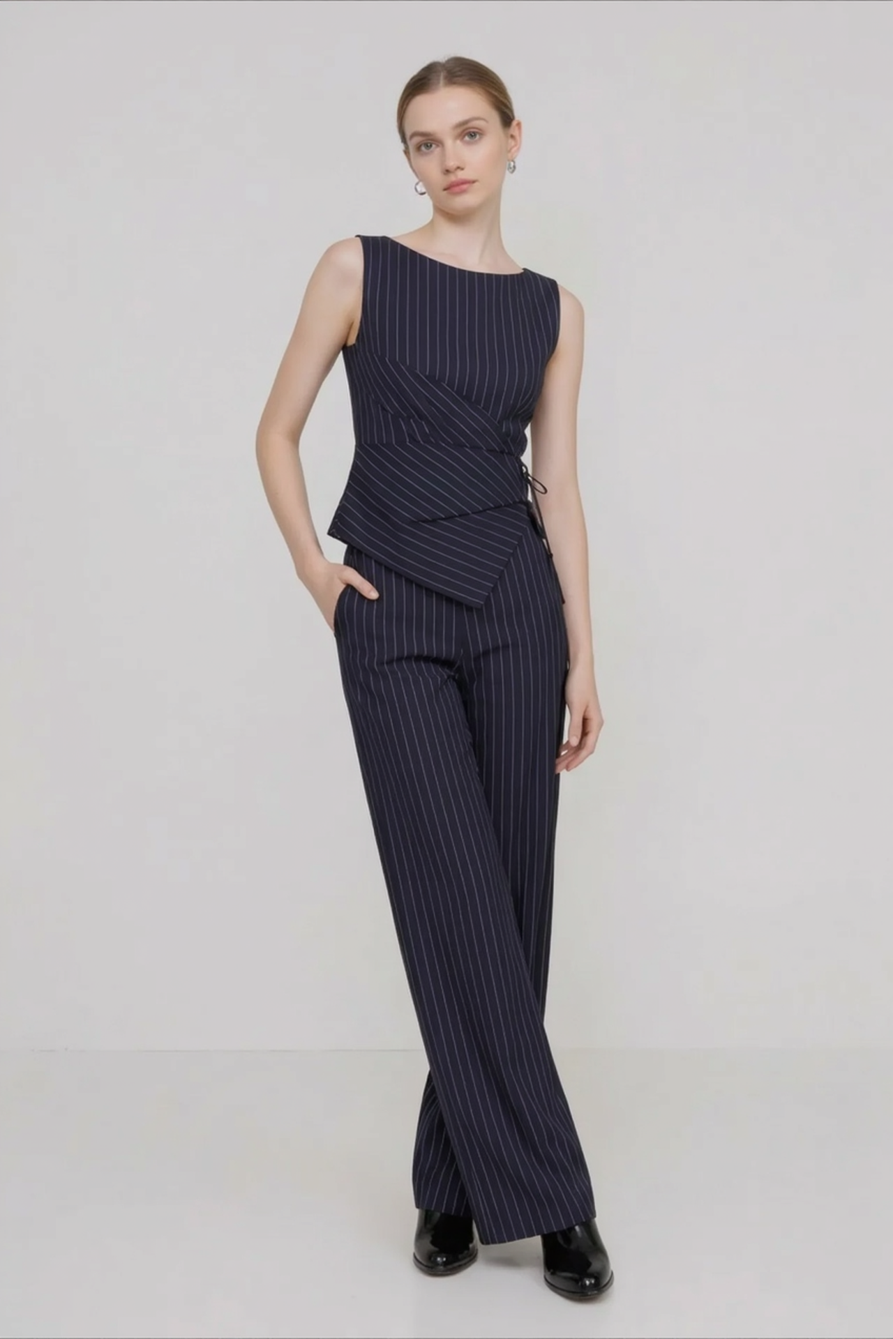 Stripe Asymmetric Sleeveless Top Straight Work Set