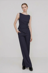 Stripe Asymmetric Sleeveless Top Straight Work Set