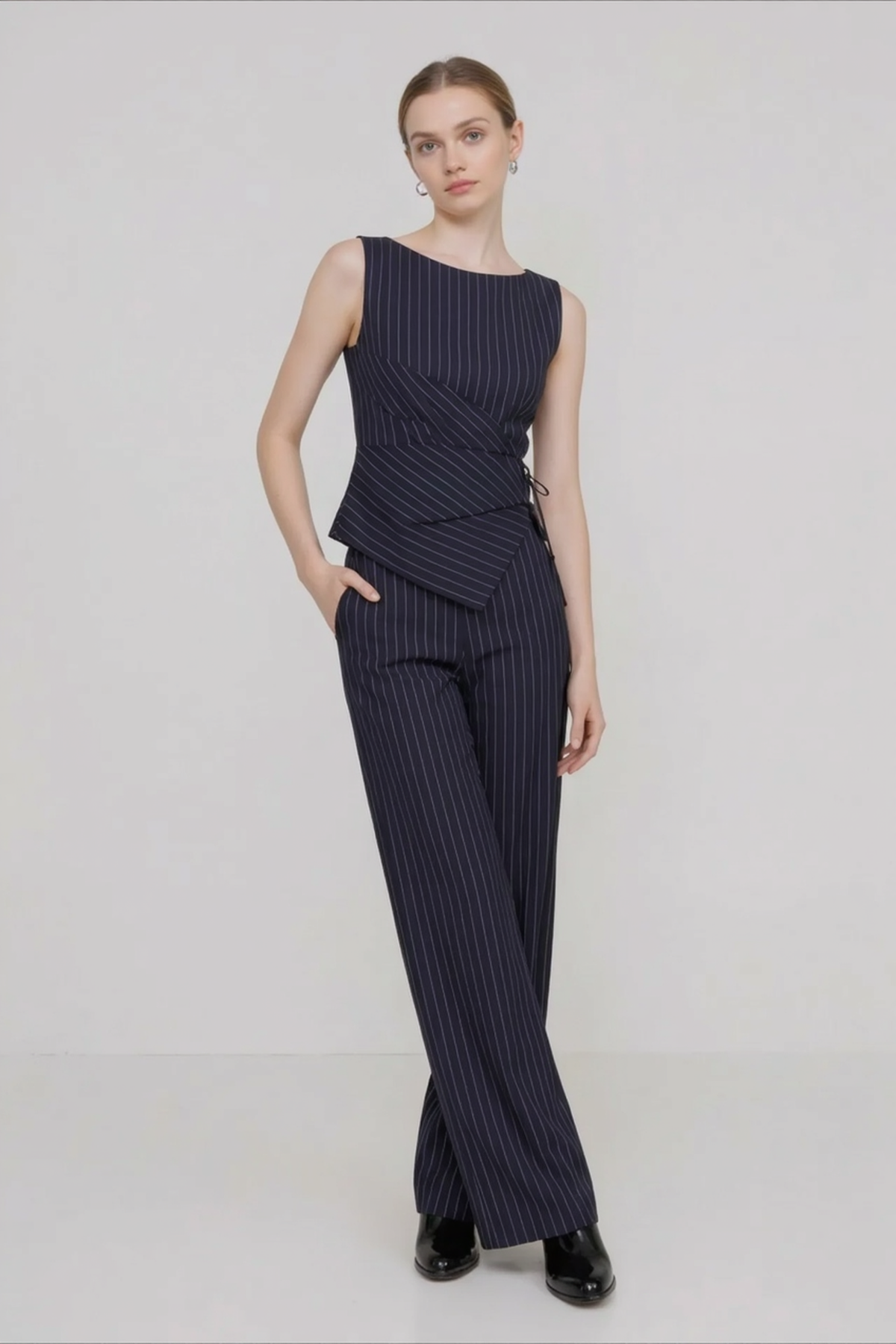 Pinstripe Boat Neck Asymmetric Wrap Top and Wide Leg Pants Two Piece Set 3