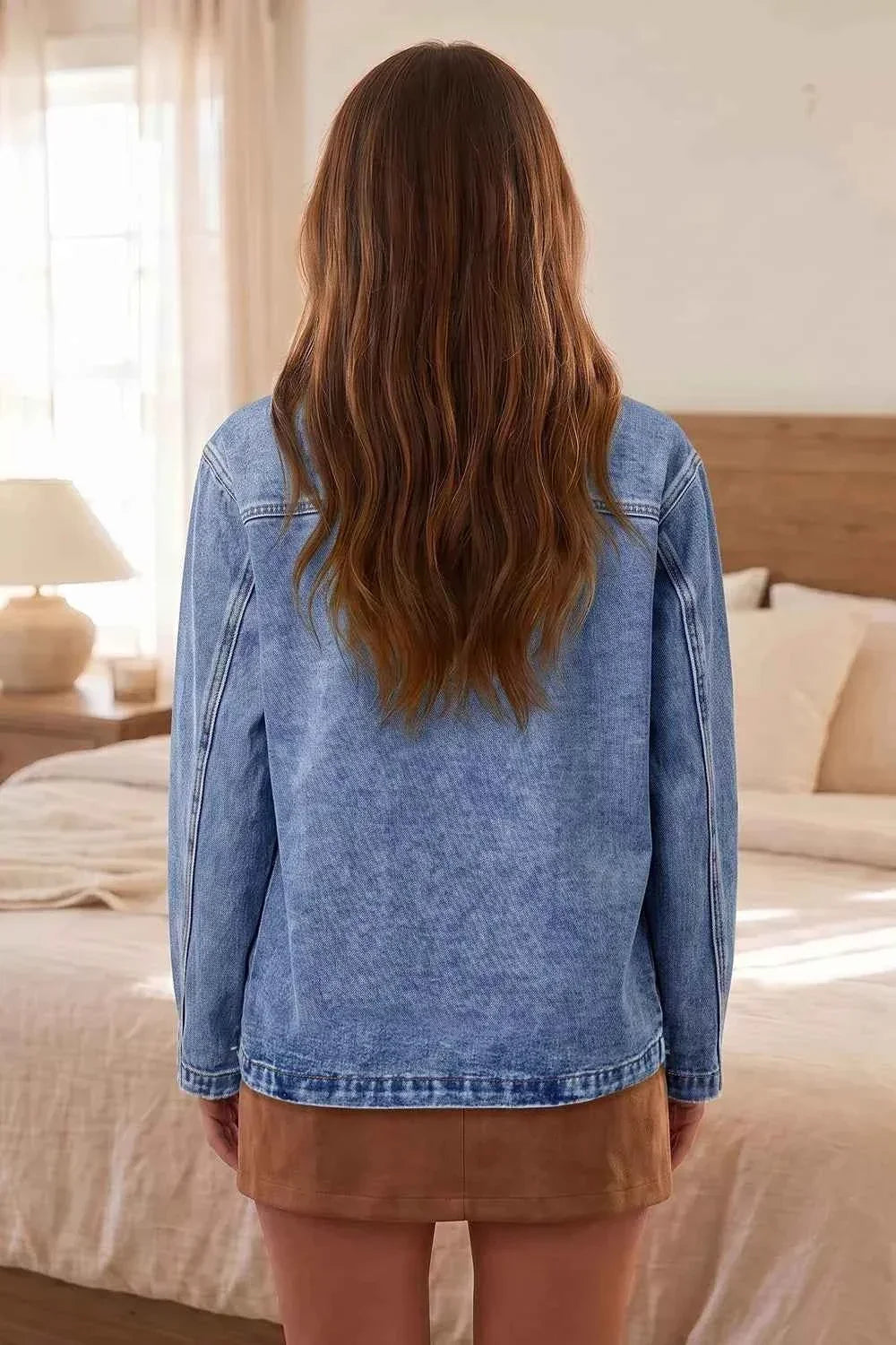 Contrast Collar Button Front Patch Pocket Longline Denim Jacket 2
