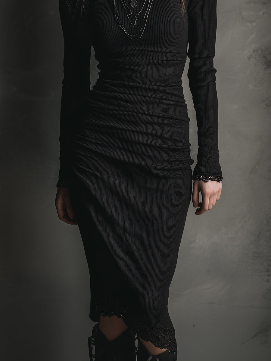 Basic Versatile Bottoming Lace Patchwork Stretch Knit Midi Dress - FashionAxe