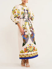 Exquisite And Fun Printed Puff Trendy Sleeves Loose Casual Midi Dress