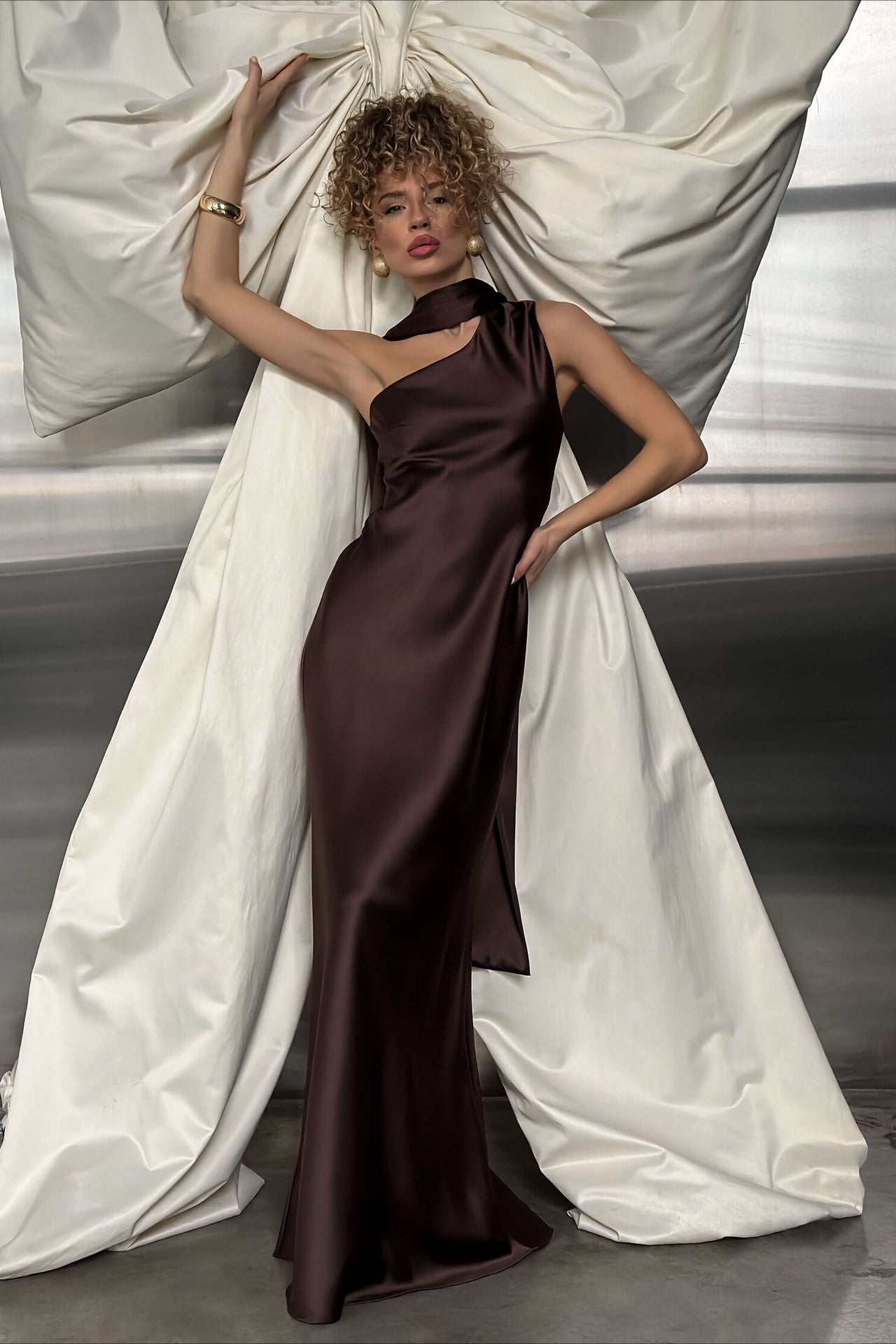 Satin Mock Neck Sash Tie Sleeveless Column Maxi Gown