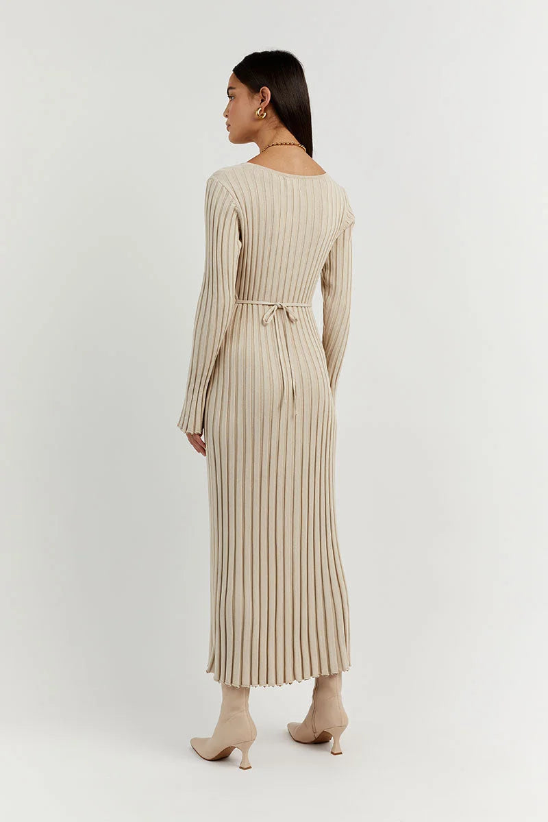 Timeless Sasha Knitted Midi Dress with V Neck and Sleeves Evening Wear Edit