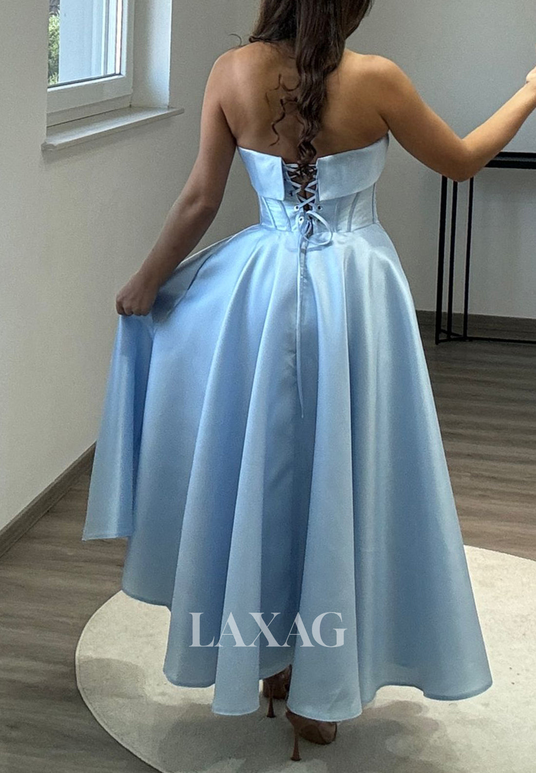 Tube Top Off-Shoulder Sleeveless A-Line Prom Dress Beaded Pleated Satin Midi Evening Gowns