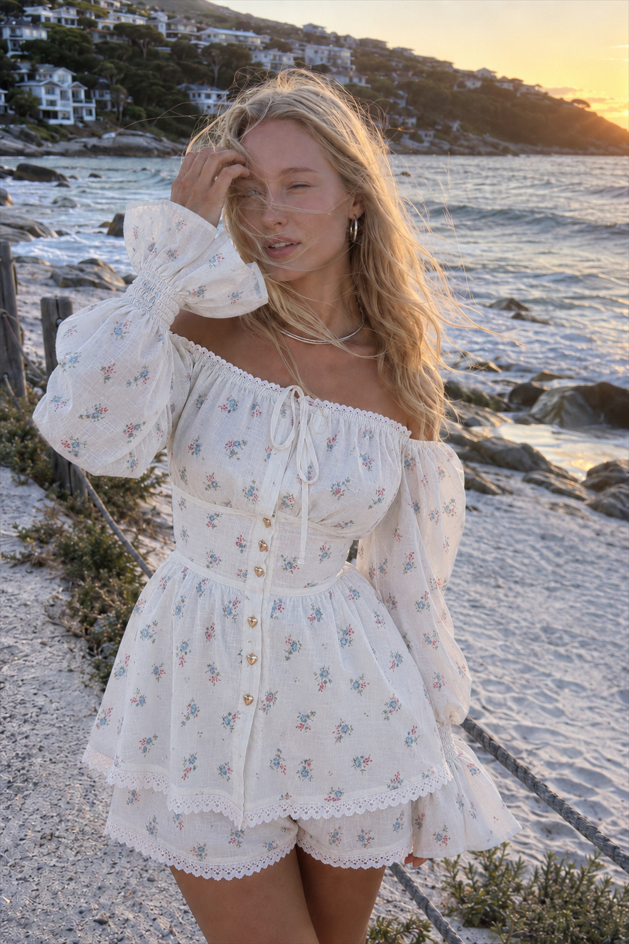 Lantern Sleeve Lace Up Off Shoulder Top Two Piece Shorts Set