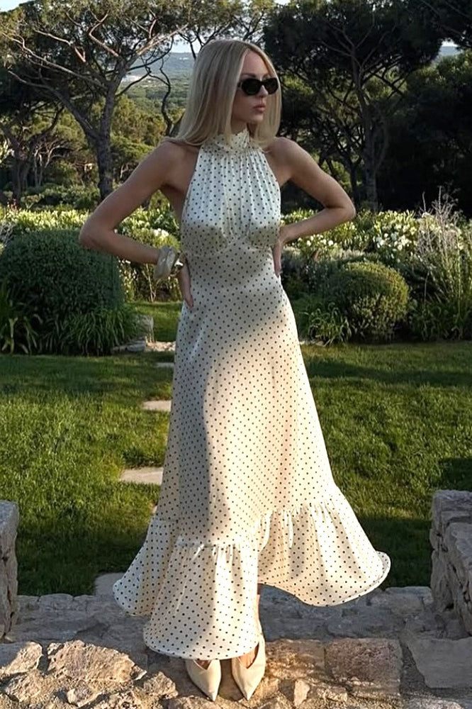 Polka Dot Backless Satin Maxi Dress 2