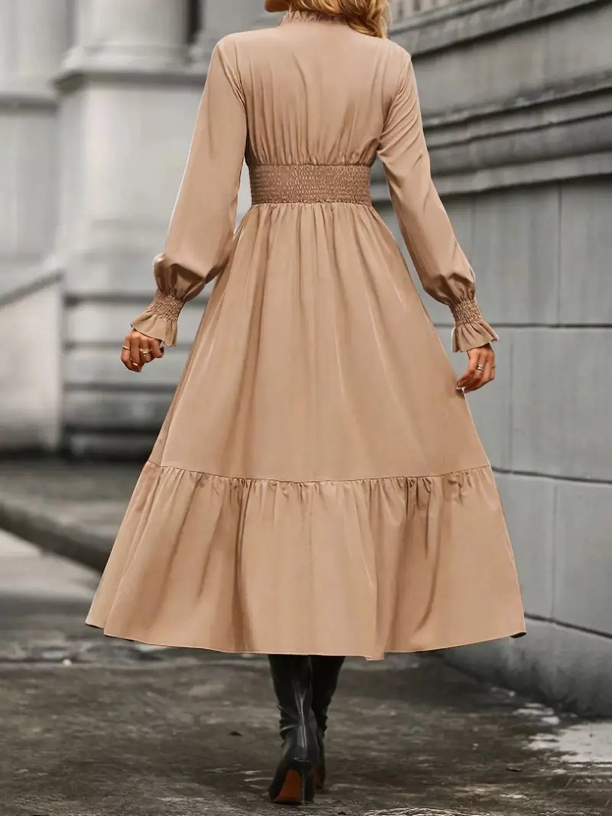 Surplice V-Neck Smocked Waist Balloon Sleeve Tiered Midi Dress 20