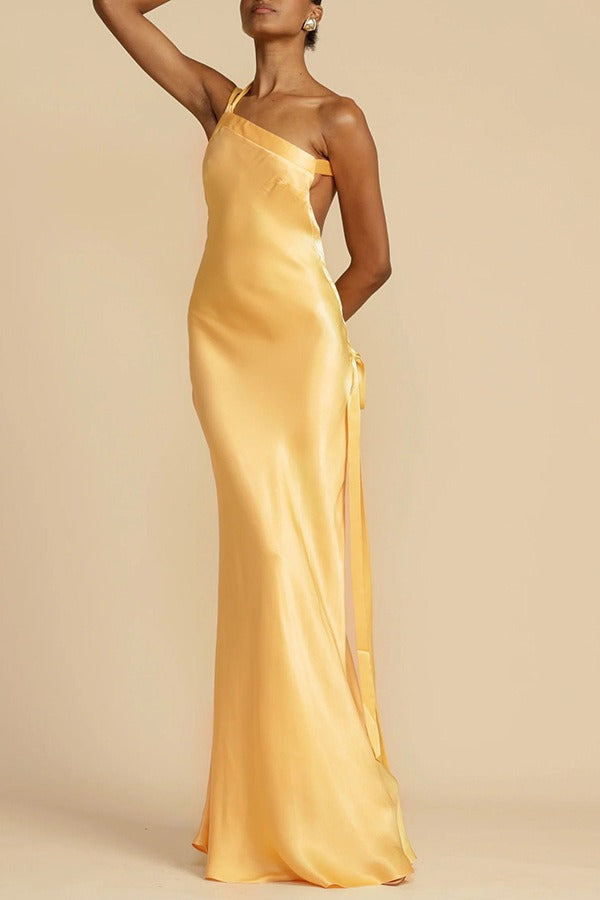 Satin One Shoulder Bias Cut Mermaid Formal Gown - View 3