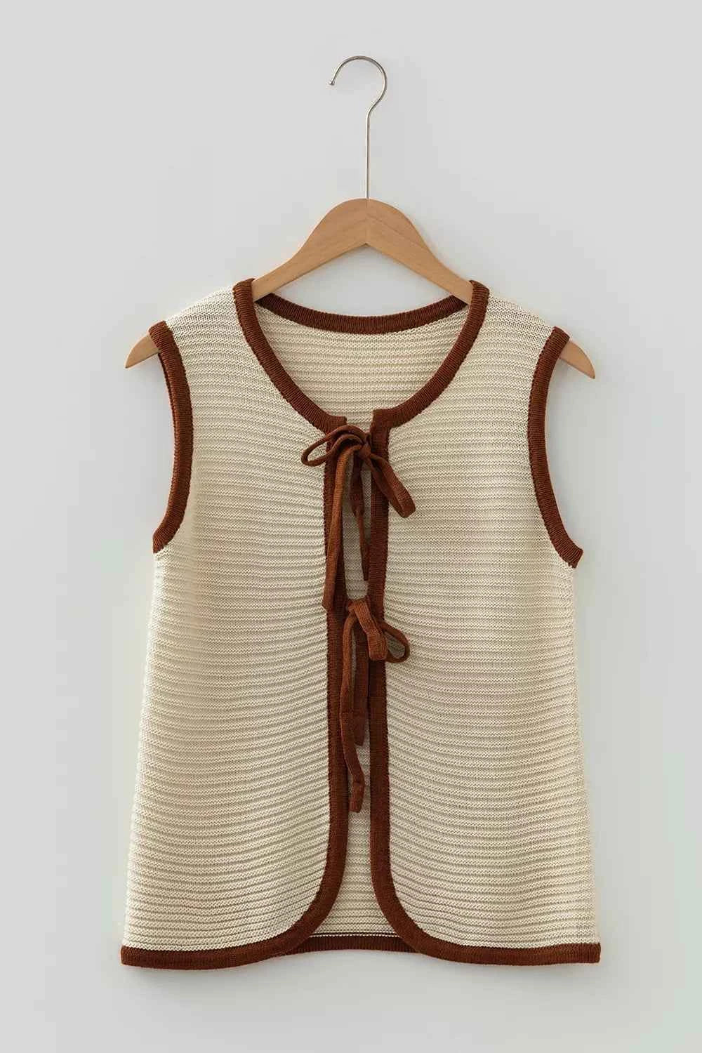 Contrast Trim Tie-Front Sweater Vest