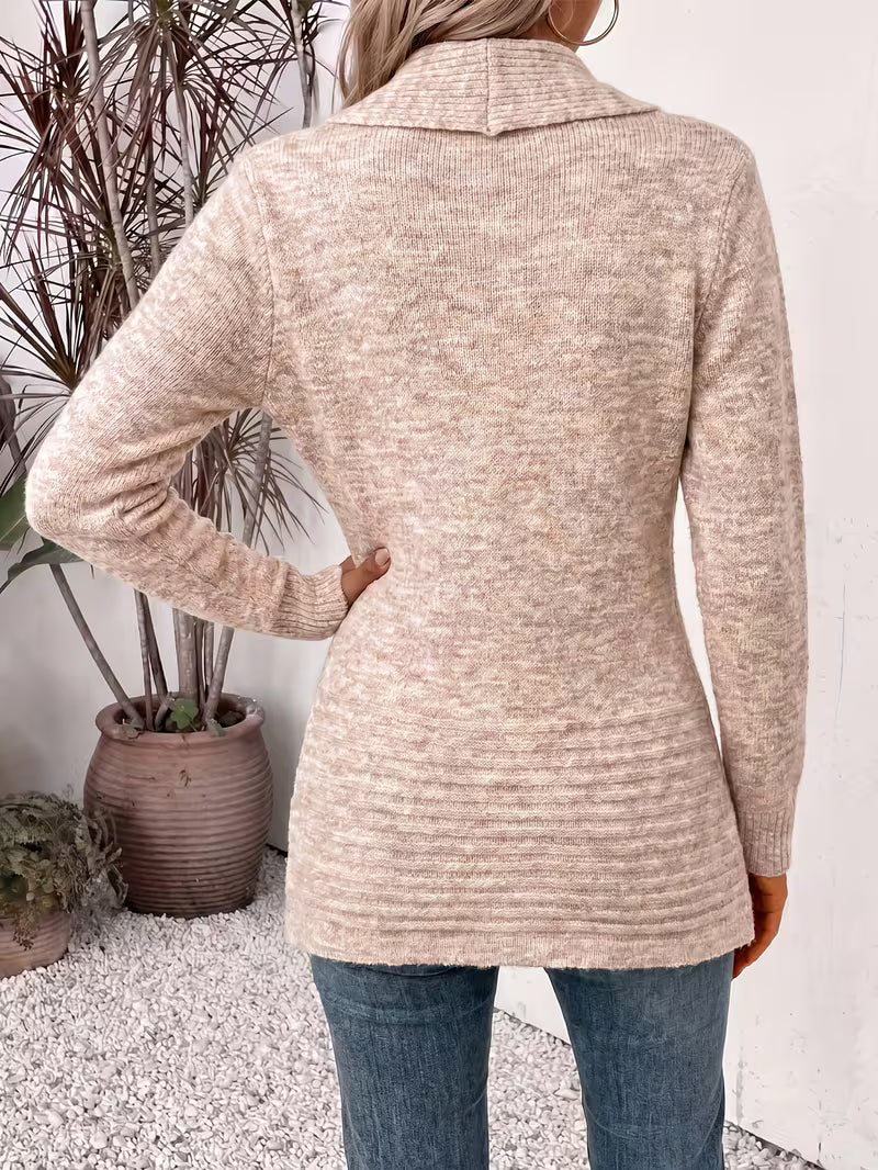 Shawl Collar Open Front Button Tab Ribbed Cardigan