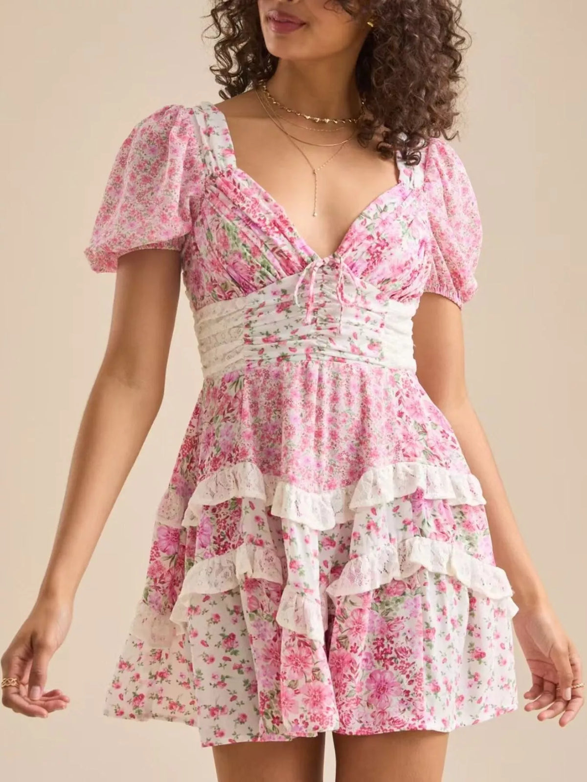 Floral Print Lace Trim Sweetheart Puff Sleeve Tiered Mini Dress