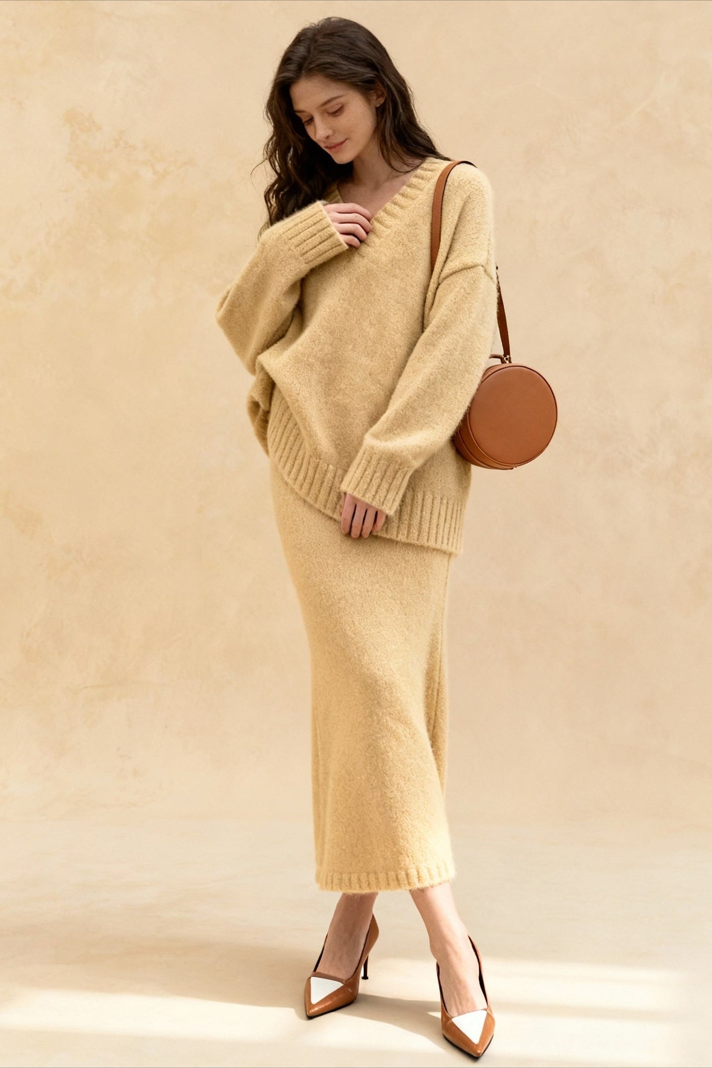 Lazy V-neck Knit Sweater Mermaid Skirt Two Piece Set