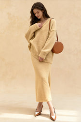 Lazy V-neck Knit Sweater Mermaid Skirt Two Piece Set