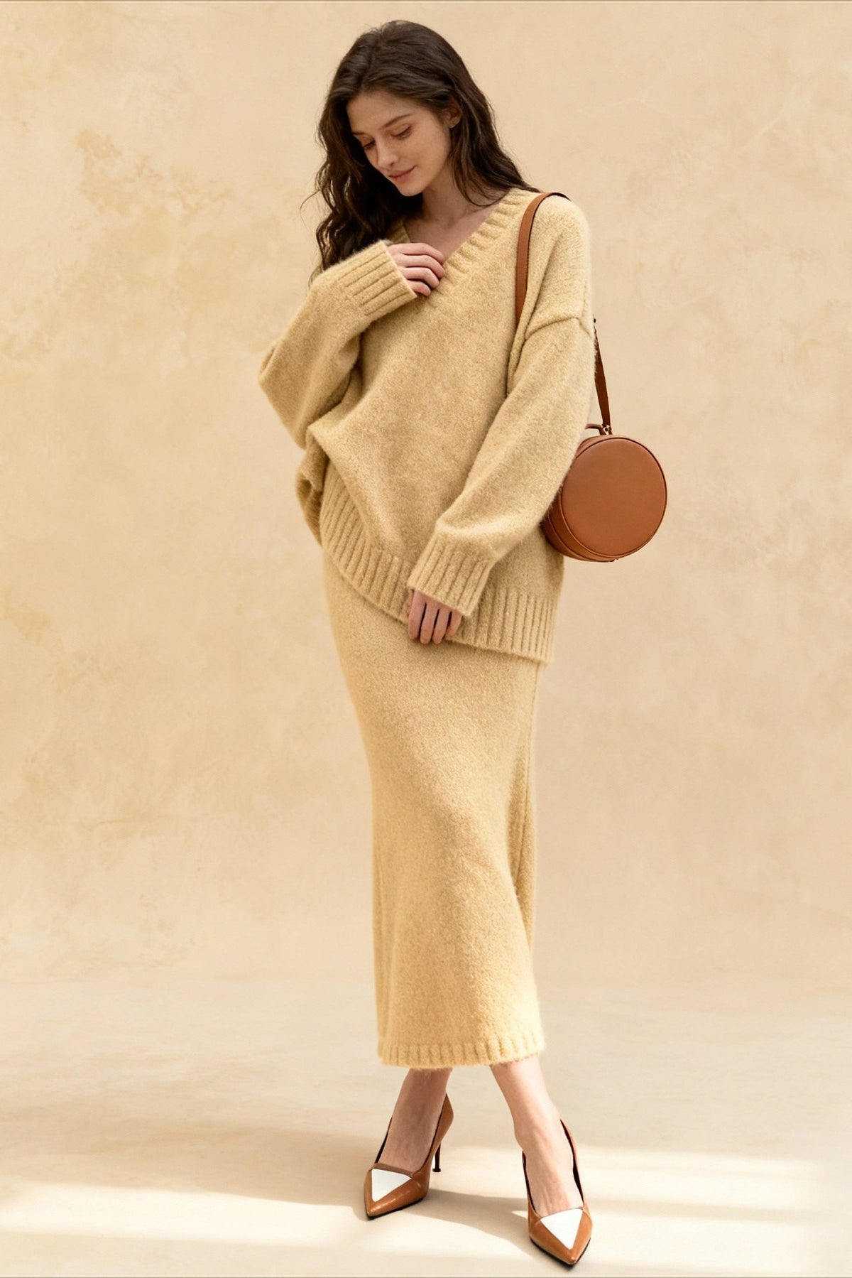 V-Neck Oversized Fuzzy Knit Sweater and Mermaid Midi Skirt Two Piece Set 3