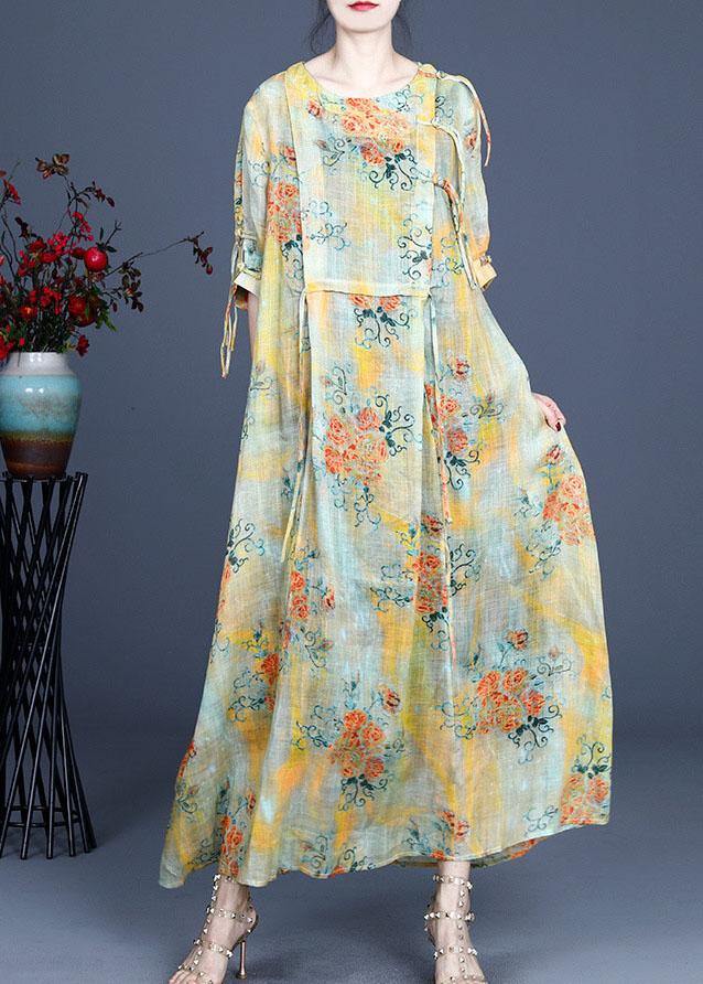 Floral Print Frog Closure Chest Panel Half Sleeve Oversized Linen Blend Maxi Dress