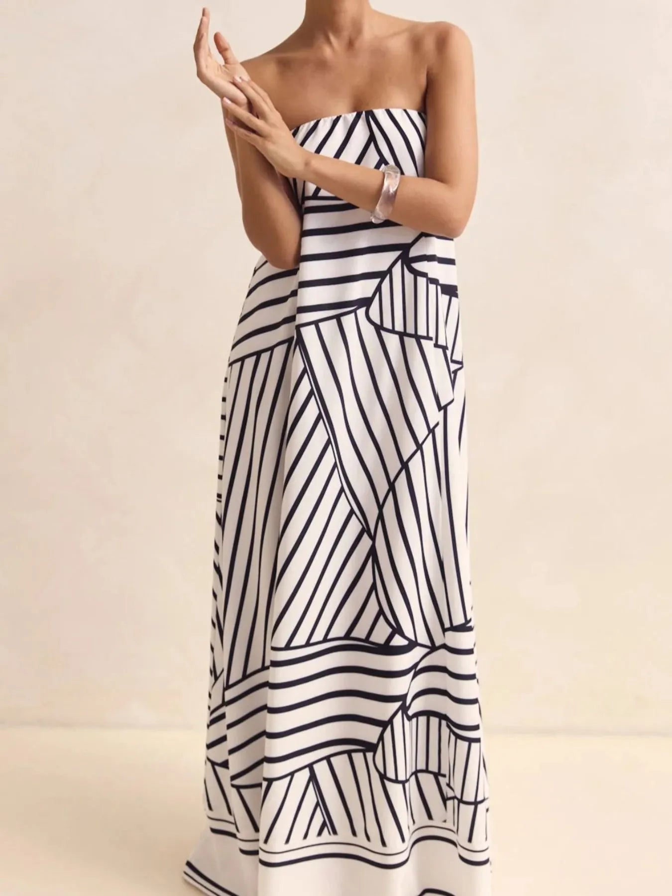 Smocked Printed Tube Maxi Dress Black Stripes