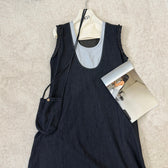 Faux Two Piece Denim Sleeveless Ruffle Trim A-Line Midi Dress 3