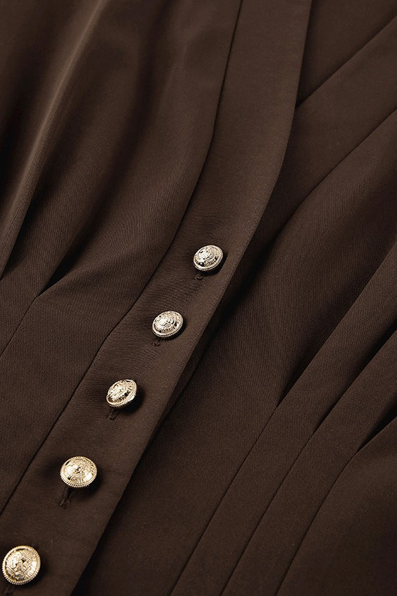 V-Neck Long Sleeve Pleated Cinched Waist Button Front Peplum Blouse 5