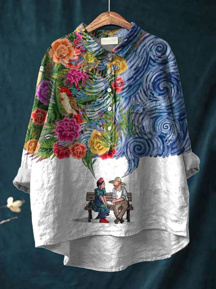 Floral Bird Art Print Long Sleeve Collared Button Up Shirt