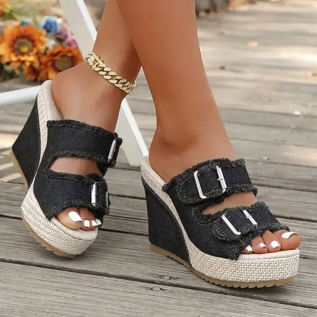 Open Toe Frayed Double Buckle Platform Wedge Slides