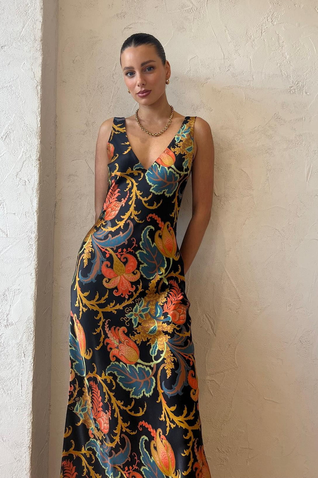 Satin Floral Print V-Neck Sleeveless Maxi Slip Dress