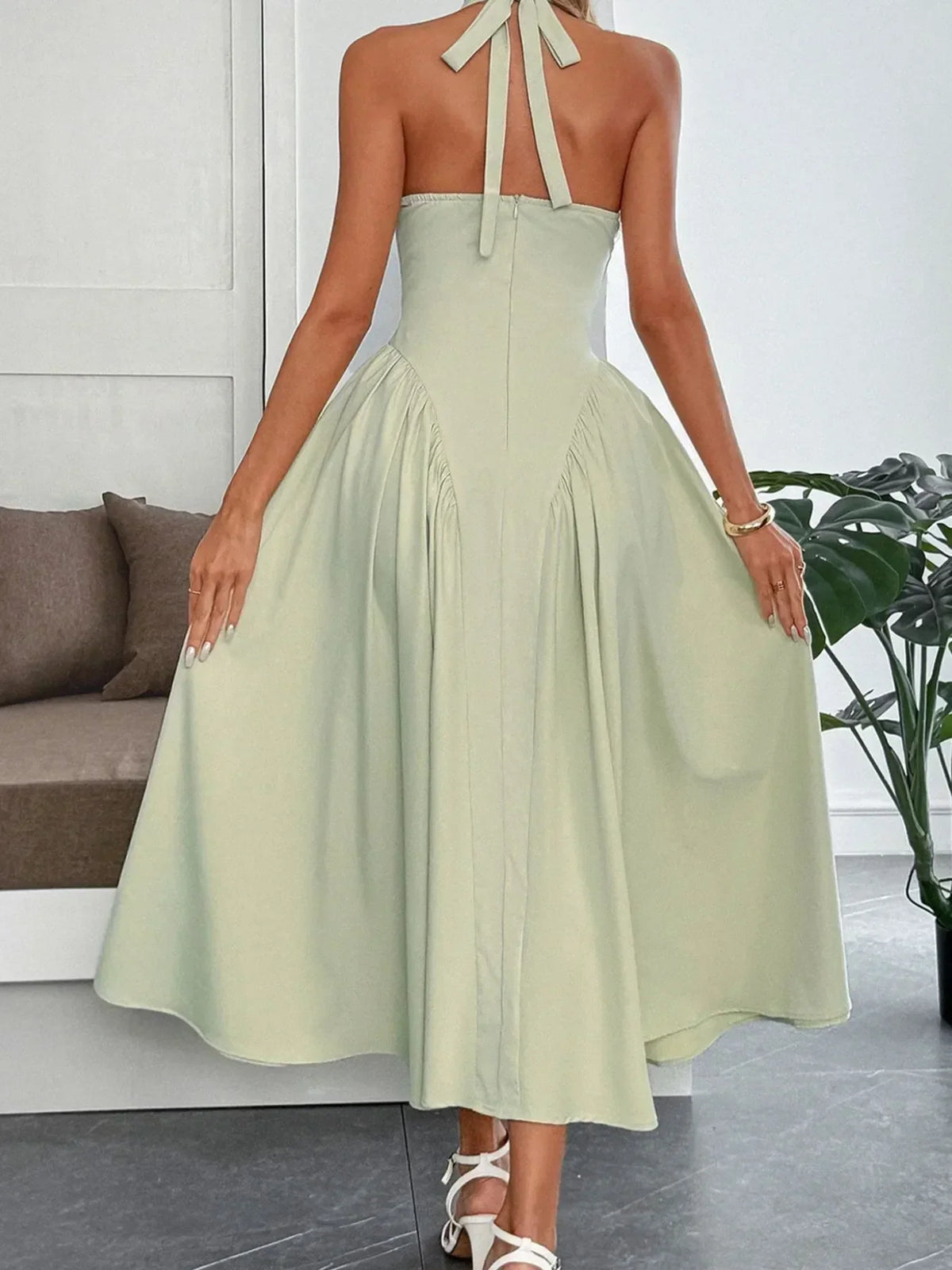 Halter Neck Ruched Midi Dress