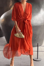 Solid Color V-neck Bat Sleeve Lace-up Irregular Hem Midi Dress - View 6