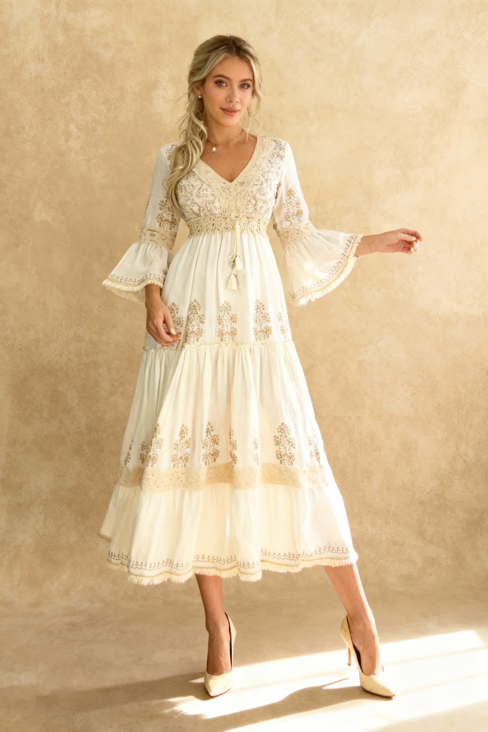 White FlareSleeve Ethnic Boho Dress