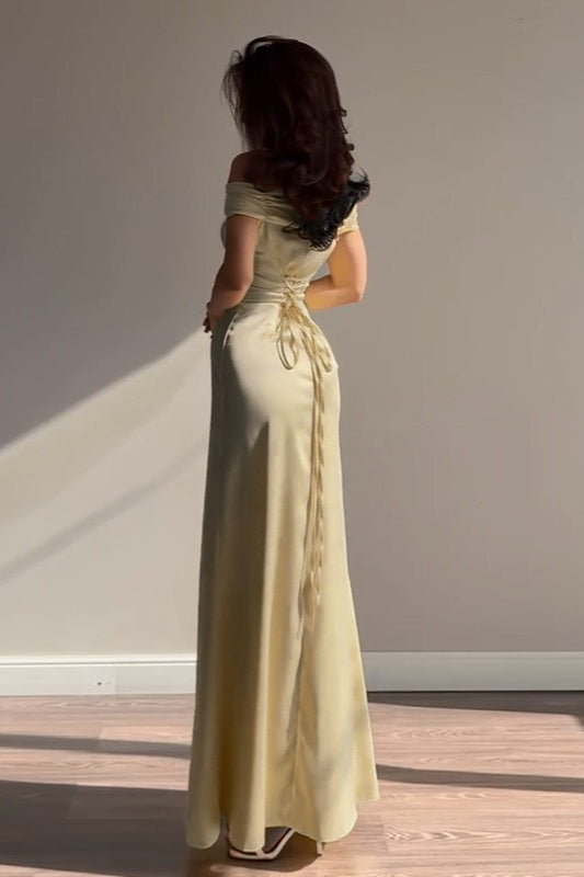 Satin Off Shoulder Ruched Bodycon Maxi Dress