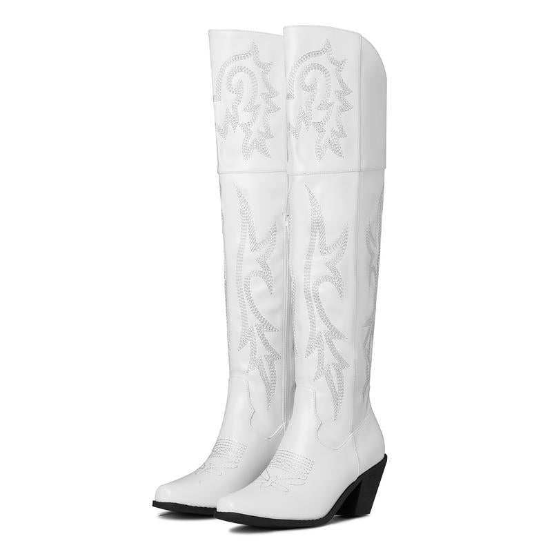 Embroidered Block Heel Over The Knee Cowboy Boots