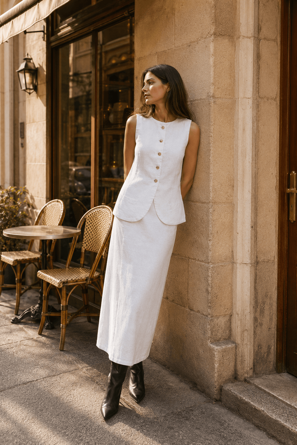 White Square Neck Sleeveless Vest Skirt Work Set
