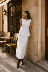 White Square Neck Sleeveless Vest Skirt Work Set