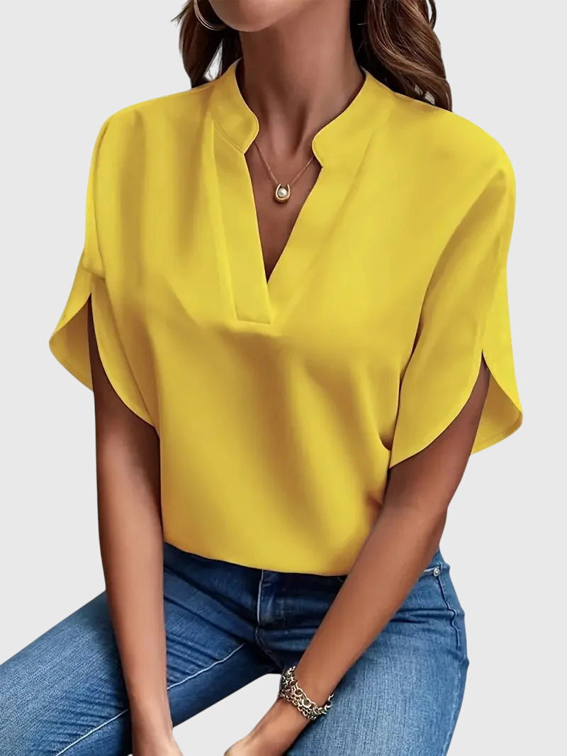 Split Neck Short Dolman Sleeve Satin Blouse