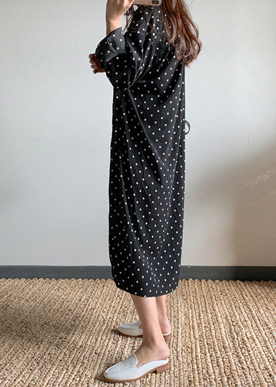 Polka Dot Shirt Collar Long Sleeve Side Slit Midi Shirt Dress