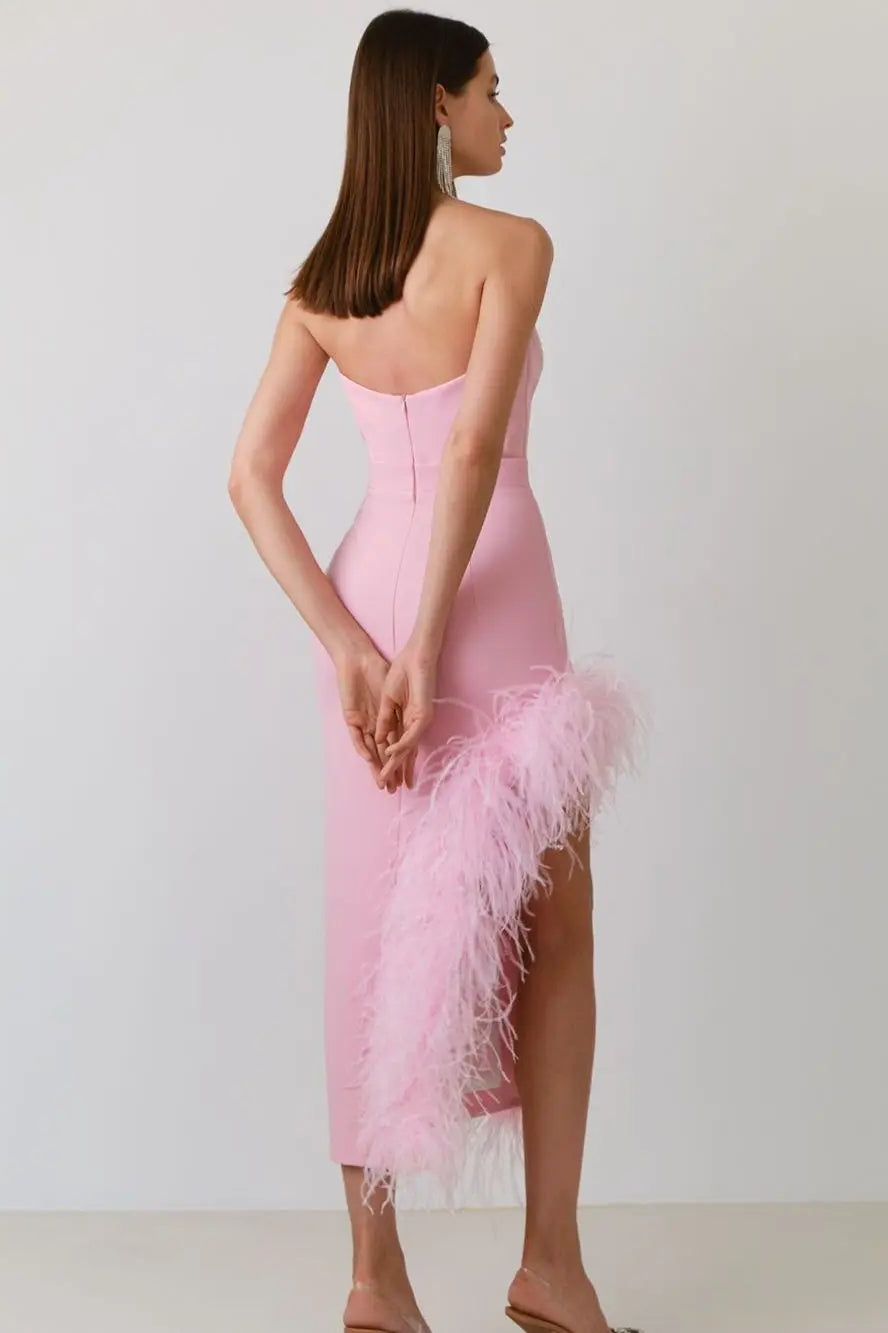 Feather Strapless Midi Dress