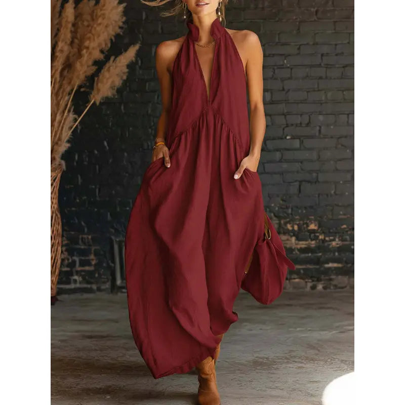 Halter Neck Deep V-Neck Pocket Maxi Dress 5