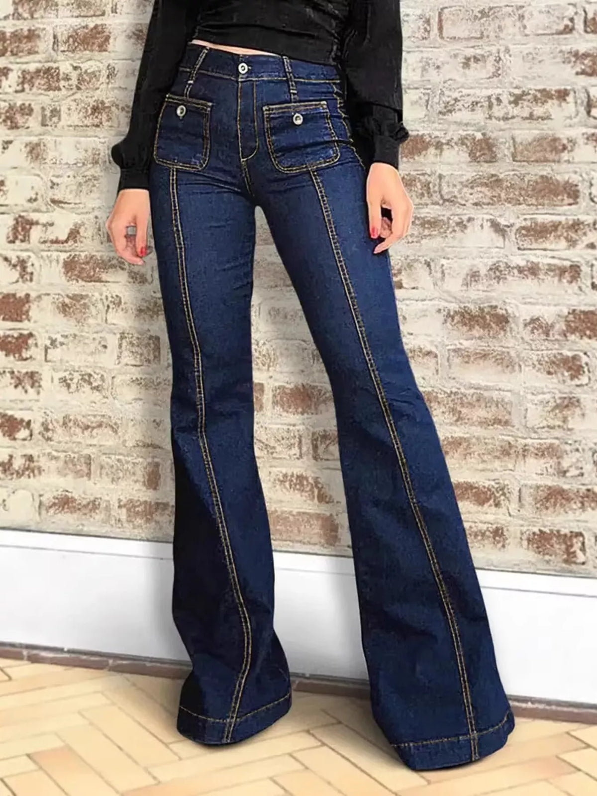 High Waist Button Flap Pocket Front Seam Bell Bottom Flare Jeans